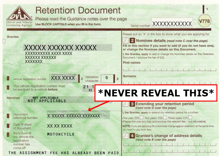 A DVLA retention certificate V778, with an arrow indicating that you shouldn't reveal your document reference number.