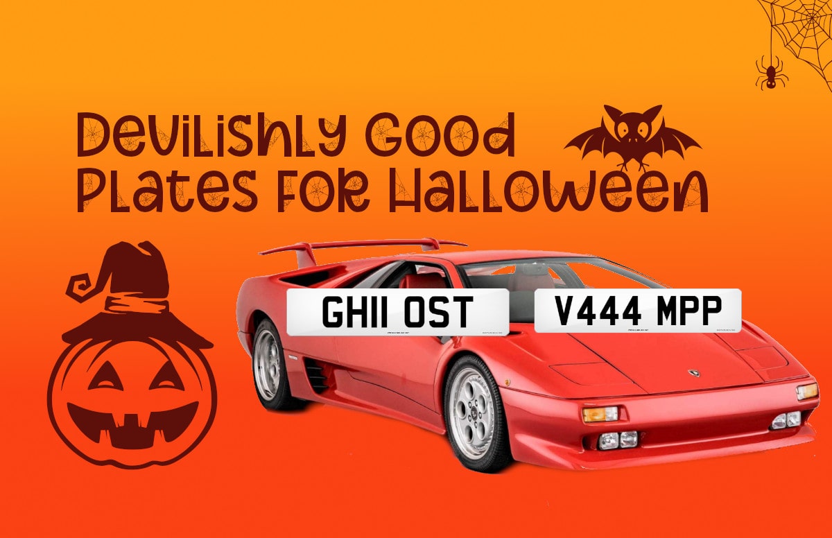 A car showing halloween plates, GH11OST and V444MPP