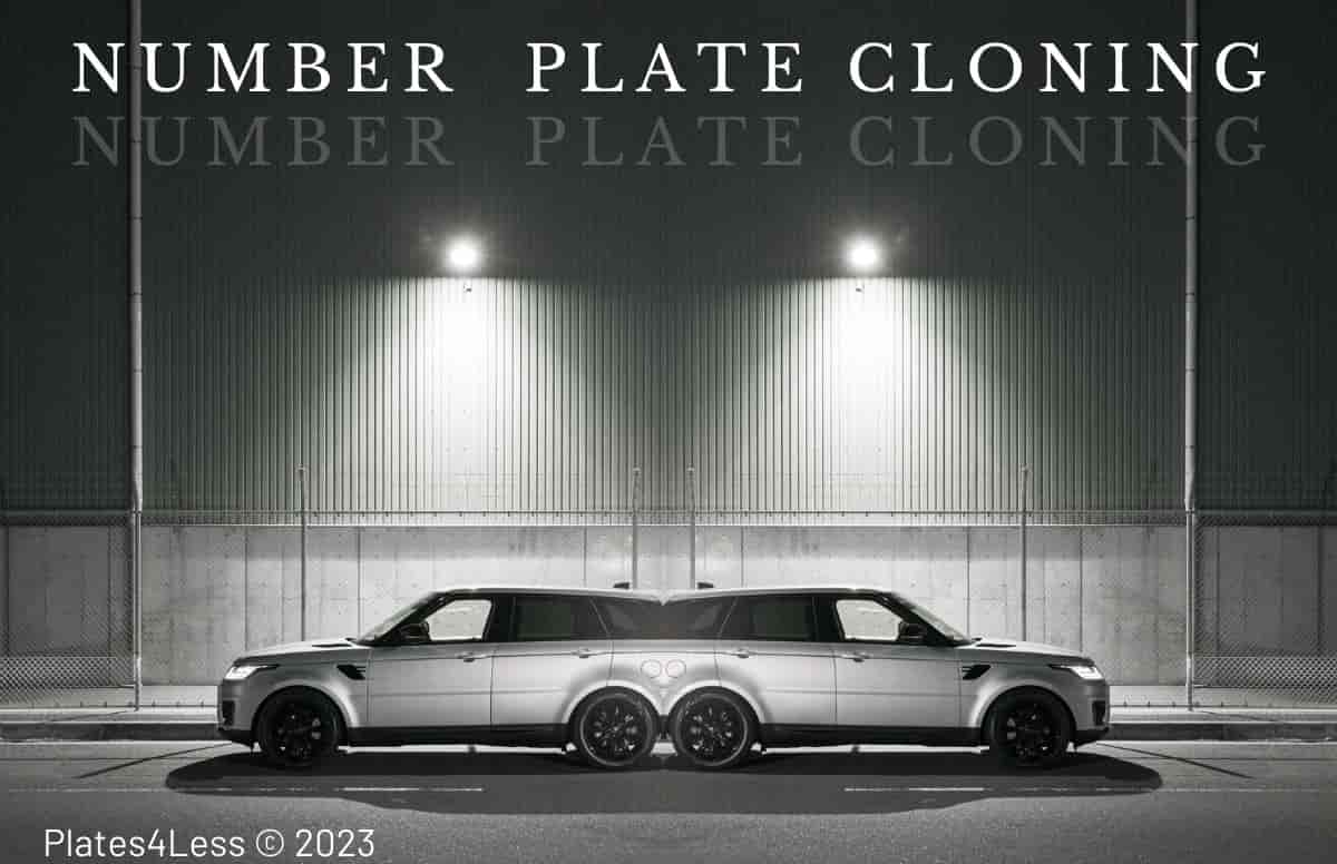 A Black and white image. On the left, a car is facing left, under a streetlight. The image is mirrored on the right. Text across the top reads 'NUMBER PLATE CLONING'