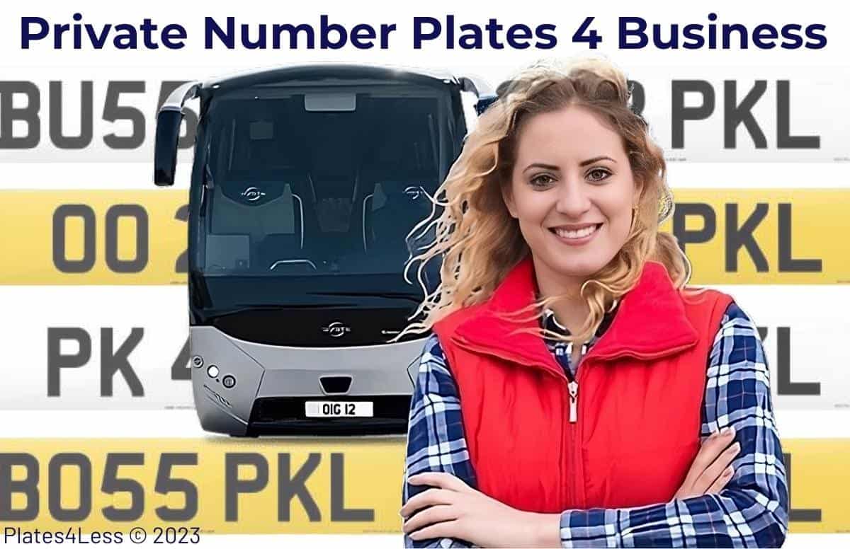 The background is a wall of number plates, the foreground shows a business owner with her vehicle.