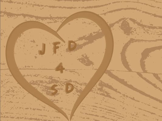 The image shows a wood-texture background. On it is a heart, containing the letters 'JFD 4 SD'