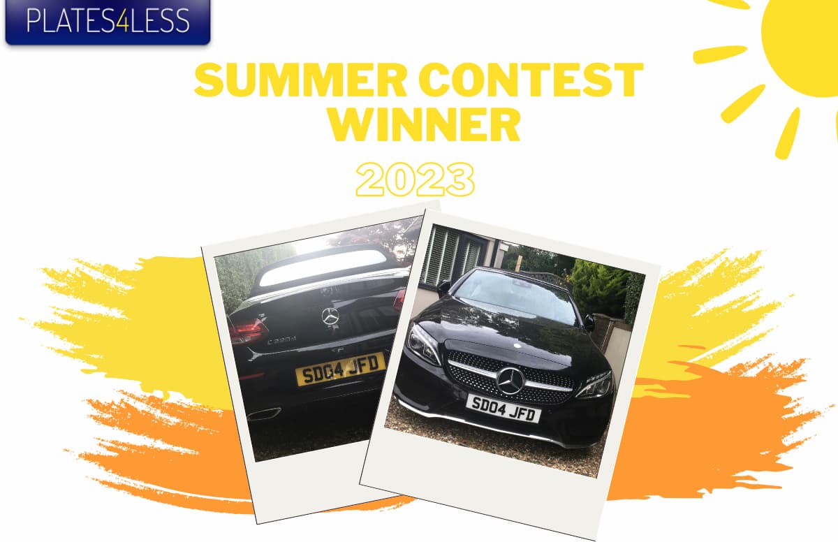 The text 'Summer Contest Winner 2023' is on a white background. In the left corner is our logo, and in the right is a yellow sun. The bottom of the image is taken up by two polaroids of the winning private plates, with colourful brush strokes behind them