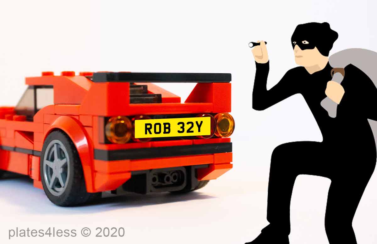 Lego car with 'ROB 32Y' as the personalised plate