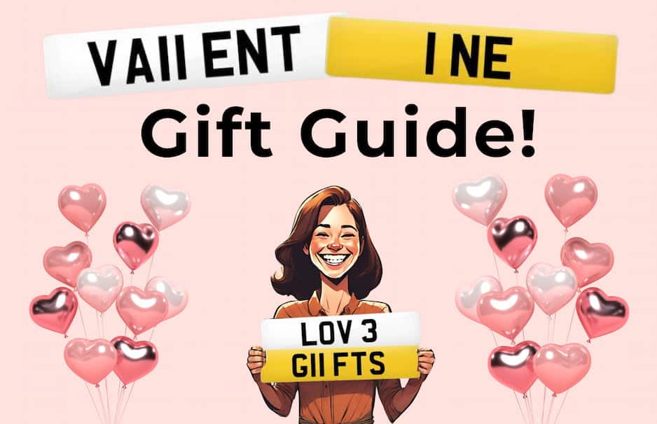 An image of a woman holding number plates. Her plates look like the words 'Love Gifts' and other plates on the image look like 'Valentine'. Text reads 'Gift Guide'