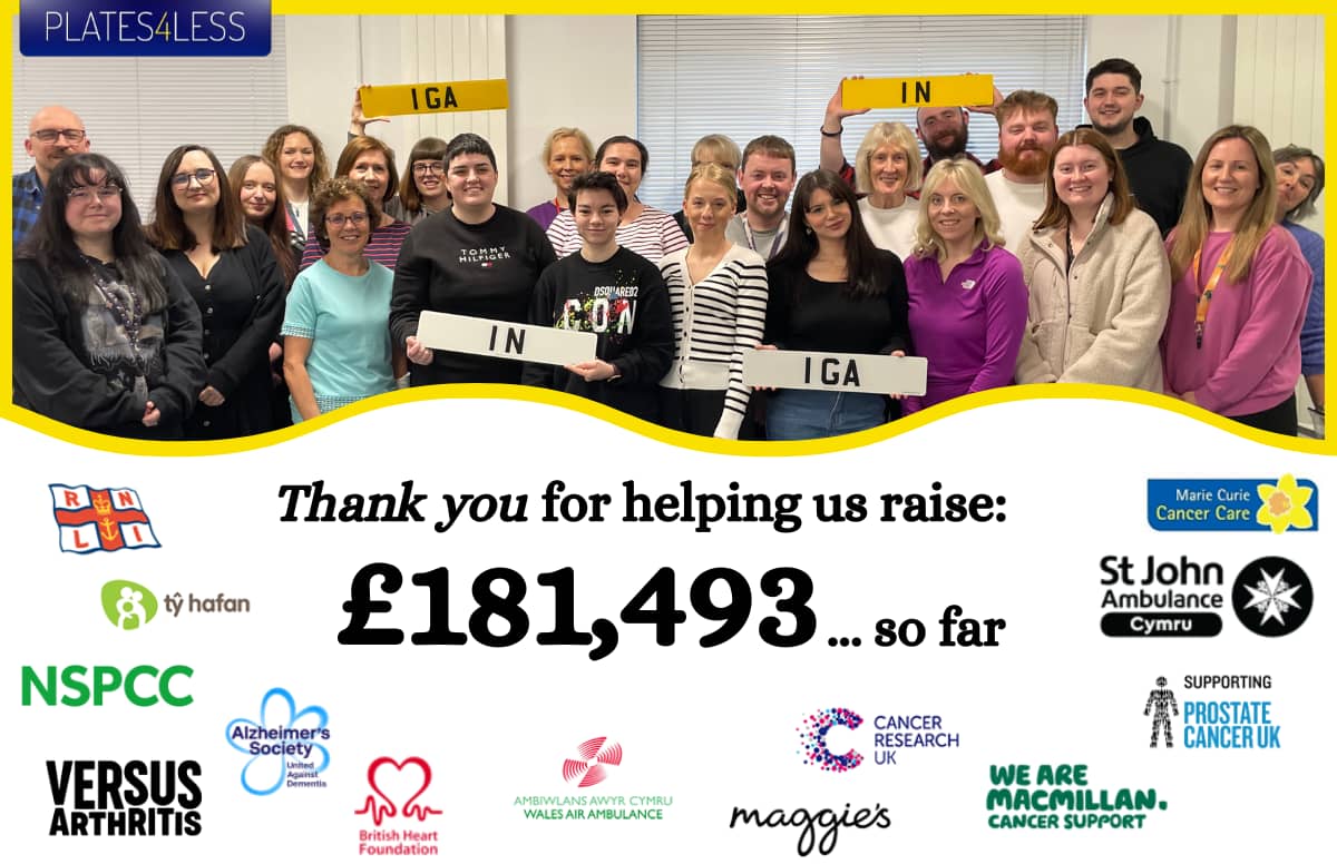 A photograph of the Plates4Less team holding number plates. Text reads 'Thank you for helping us raise: £181, 493' with a number of charity logos.
